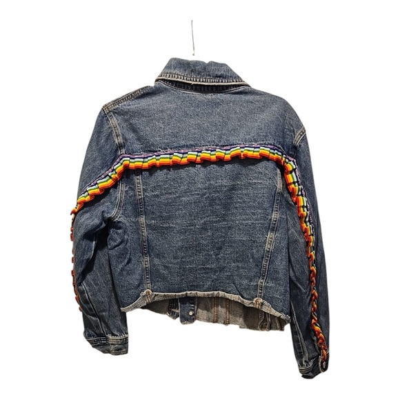 Sunset + Spring Size Medium Denim Jacket Ribbon Rainbow Accents - Picture 3 of 3